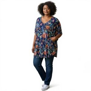 Ulla Popken Womens Tunic Top Plus 36/38 Navy Blue Floral Short Sleeve Pockets